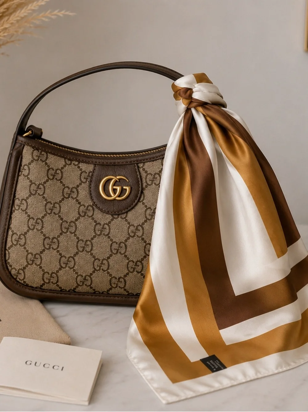 Geometric Silk Scarf in Cream and Caramel